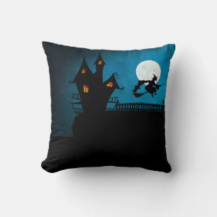 Spooky Flying Witch: Bold Black and Blue Throw Pillow