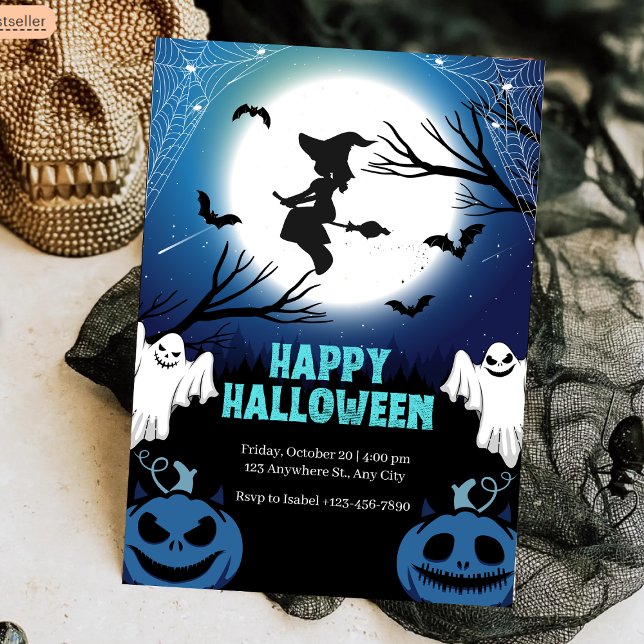 Spooky Flying Witch & Ghosts Full Moon Halloween Invitation (Spooky Flying Witch & Ghosts Full Moon Halloween Invitation
)