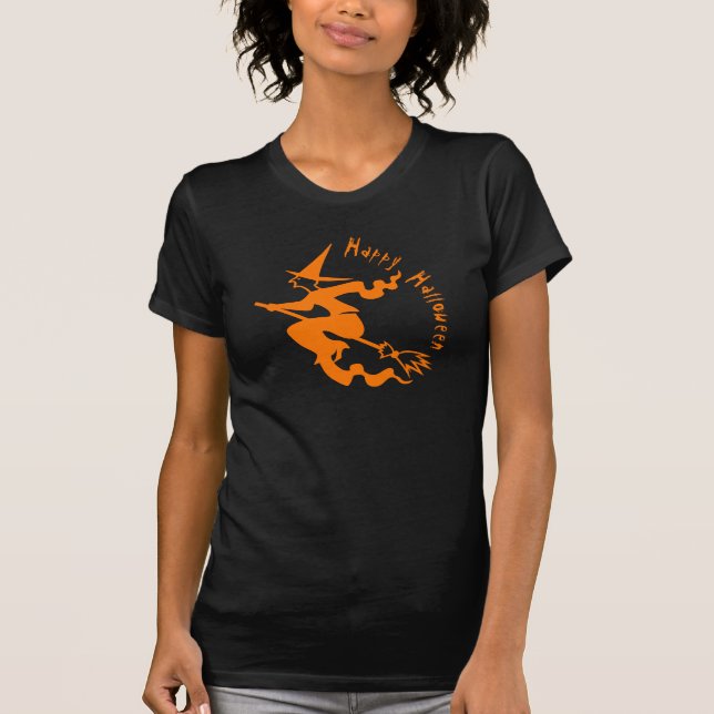 Spooky Flying Witch Happy Halloween Orange Black T-Shirt (Front)