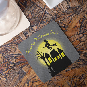 Spooky Flying Witch Moonlight Halloween Party Beverage Coaster