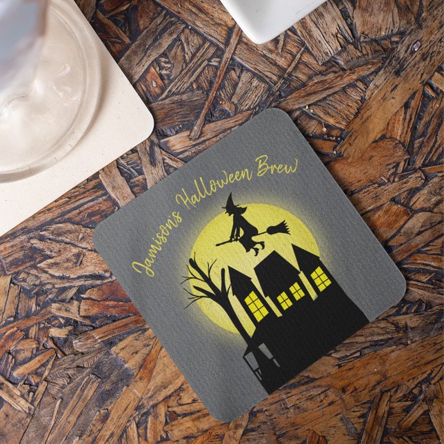 Spooky Flying Witch Moonlight Halloween Party Beverage Coaster (Spooky flying witch silhouette under moonlight sky, perfect for Halloween party drink decor.)