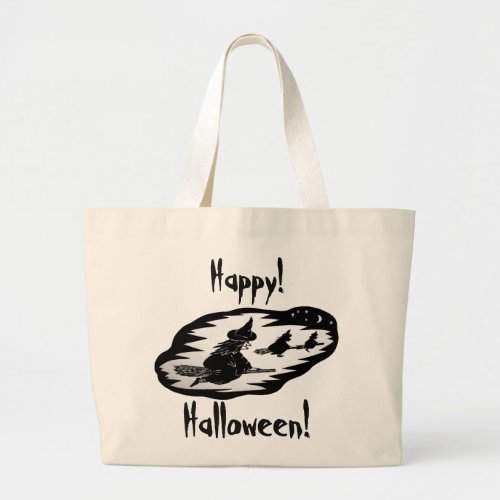 spooky flying witches on broomsticks halloween large tote bag