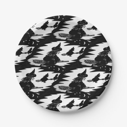 spooky flying witches on broomsticks halloween paper plates