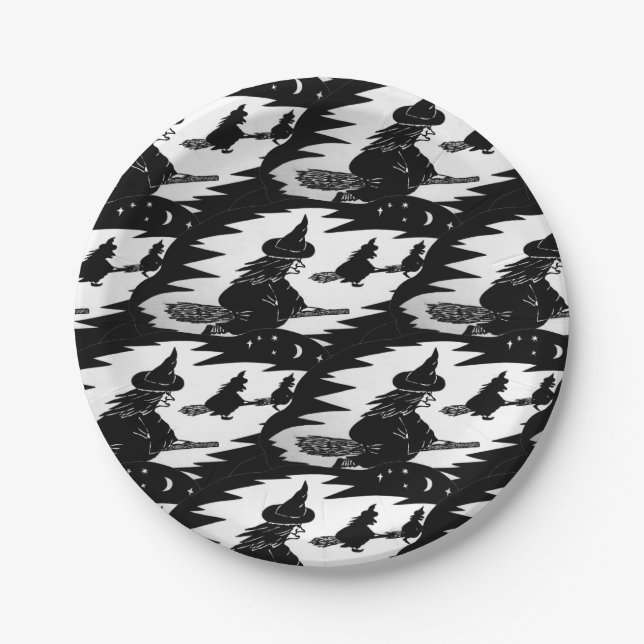 spooky flying witches on broomsticks halloween paper plates (Front)