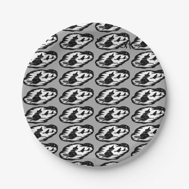spooky flying witches on broomsticks halloween paper plates (Front)