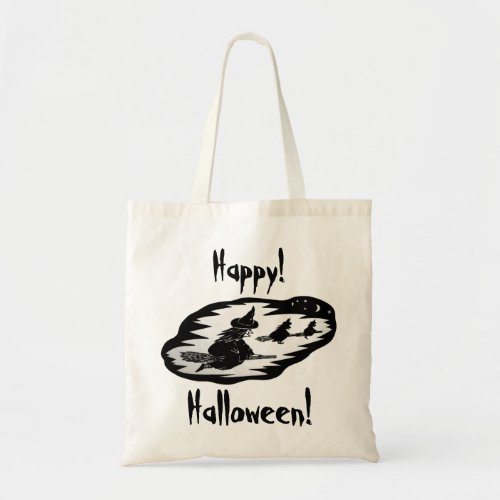 spooky flying witches on broomsticks halloween tote bag