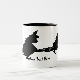 spooky flying witches on broomsticks halloween Two-Tone coffee mug