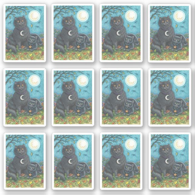 SPOOKY FOLK ART BLACK CATS UNDER BIG FULL MOON STICKER (Front)