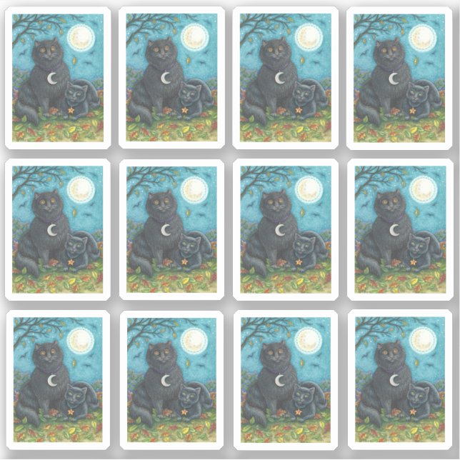 SPOOKY FOLK ART BLACK CATS UNDER BIG FULL MOON STICKER (Front)