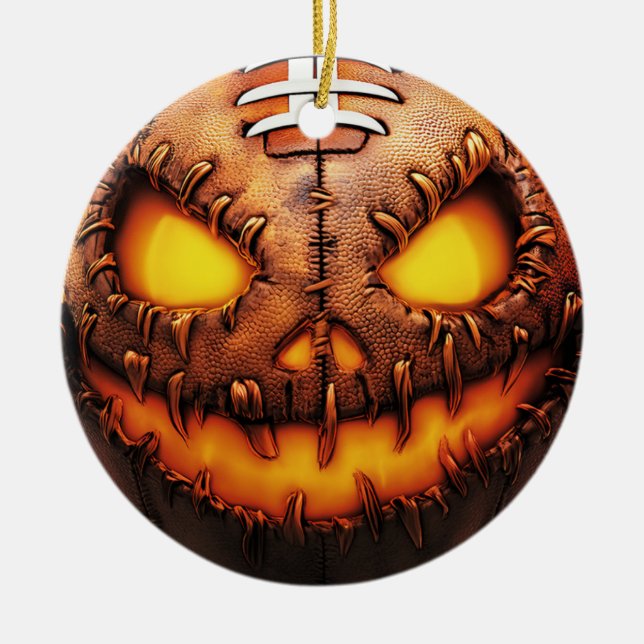 Spooky Football Pumpkin Face Halloween Ceramic Ornament (Front)