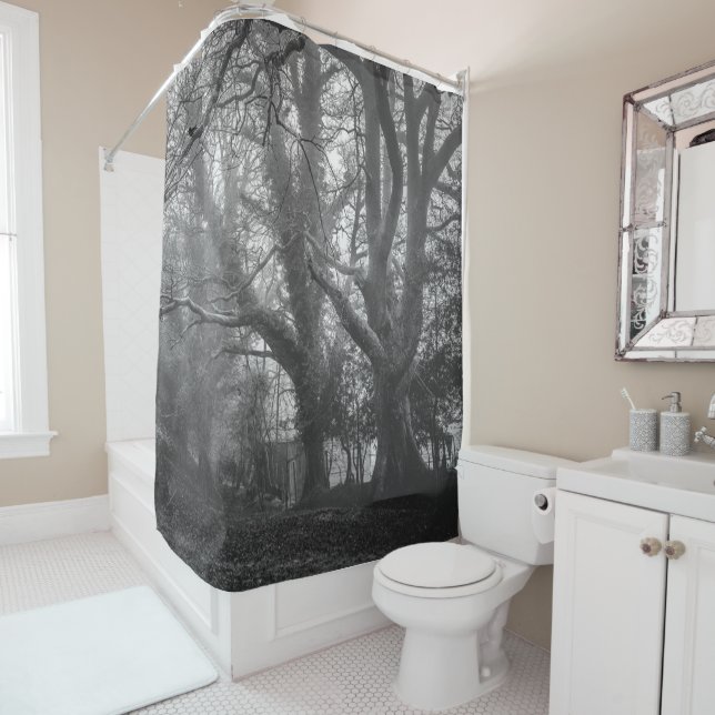 Spooky Forest Black and White Photography Shower Curtain (In Situ)