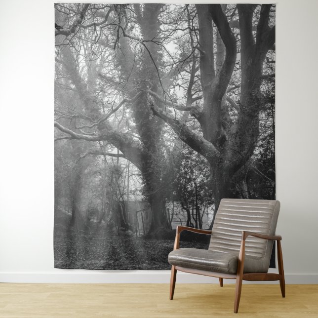 Spooky Forest Black and White Photography Tapestry (In Situ)