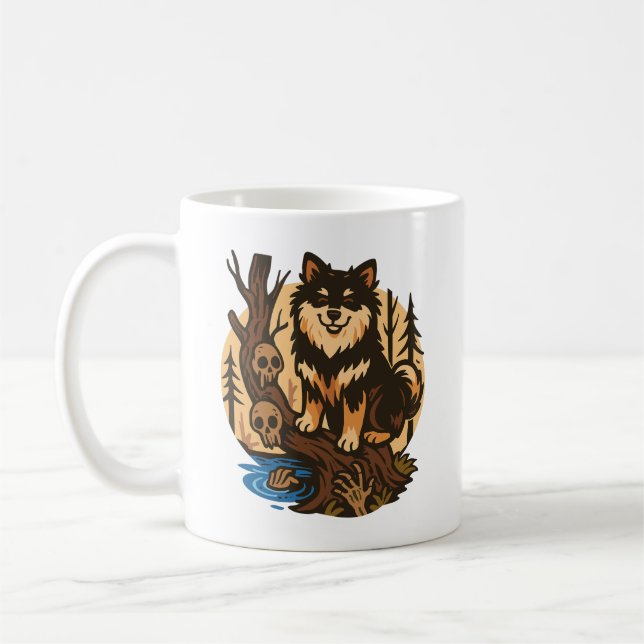 Spooky Forest Dog with Skulls Horror Art Coffee Mug (Left)