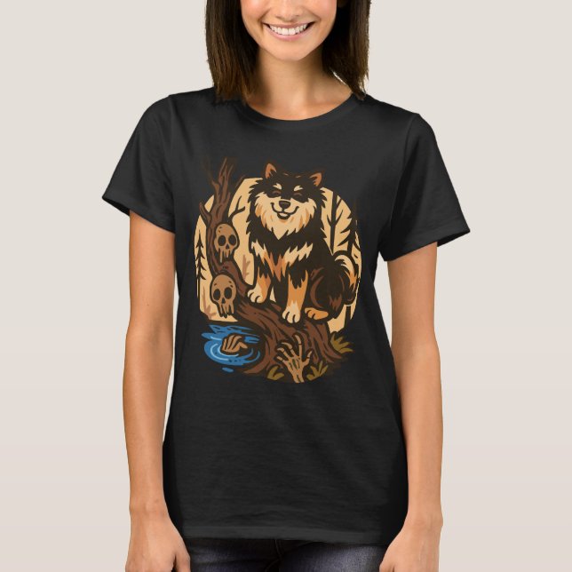 Spooky Forest Dog with Skulls Horror Art T-Shirt (Front)