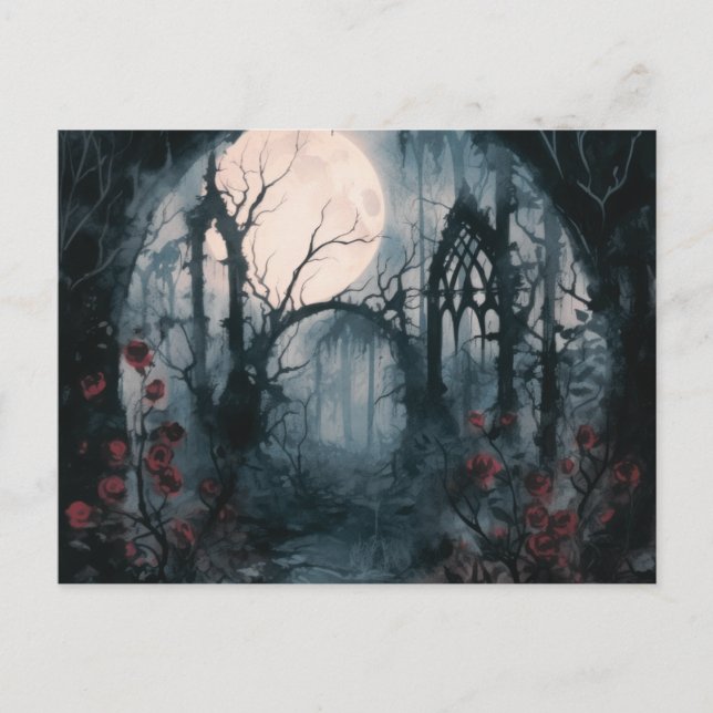 Spooky Forest Full Moon Red Roses Halloween Holiday Postcard (Front)