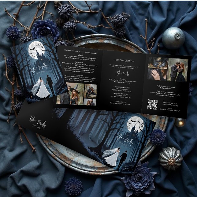 Spooky Forest Haunted Castle Wedding 6-Photo Tri-Fold Invitation (Wedding Couple in Spooky Forest Toward Haunted Castle Tri-Fold Invitation with QR Code & 6-Photo.)