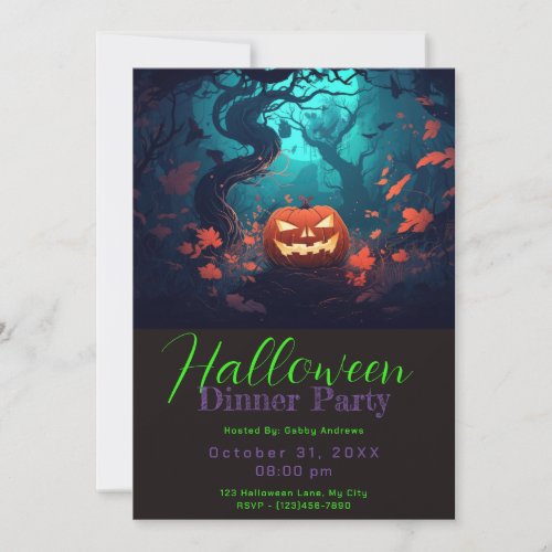 Spooky Forest Pumpkin Leave Halloween Dinner Party Invitation