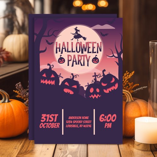 Spooky Forest Pumpkin Witch Halloween Party Invitation