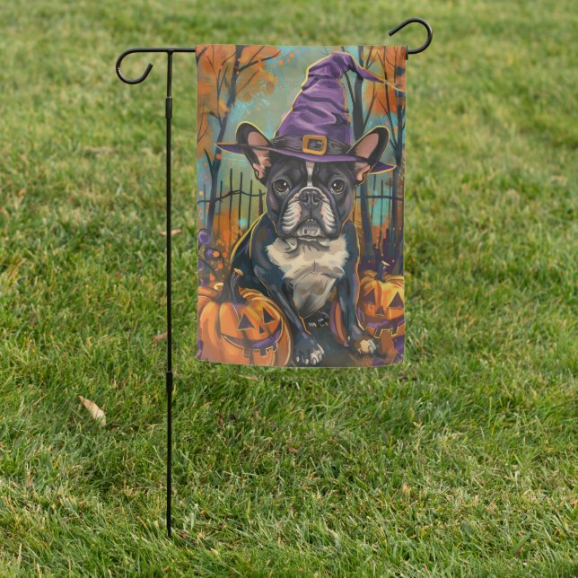 Spooky French Bulldog Halloween Witch And Pumpkin Garden Flag (In SItu)