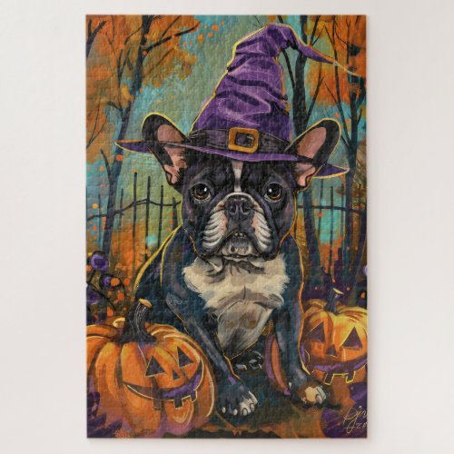 Spooky French Bulldog Halloween Witch And Pumpkin Jigsaw Puzzle