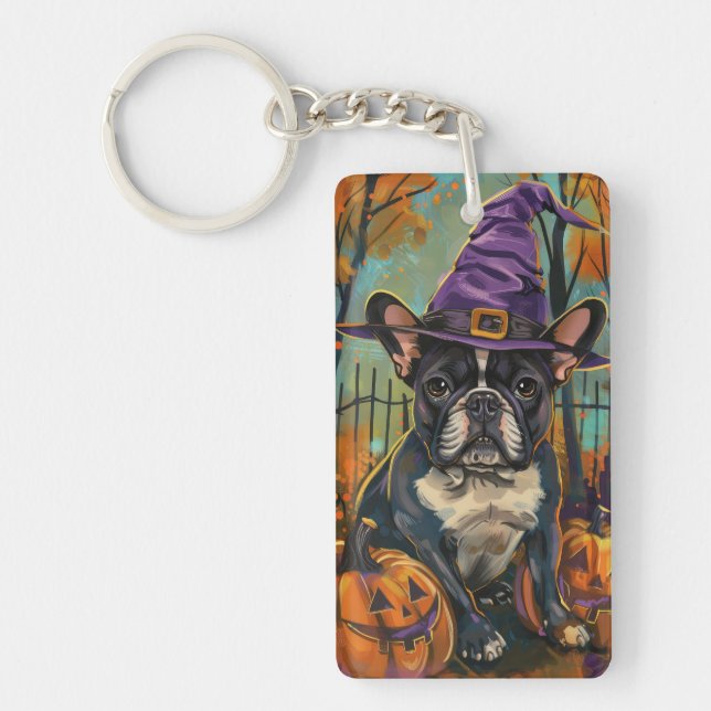 Spooky French Bulldog Halloween Witch And Pumpkin Keychain (Front)