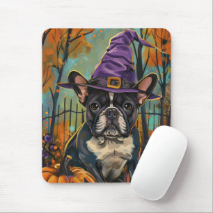 Spooky French Bulldog Halloween Witch And Pumpkin Mouse Pad
