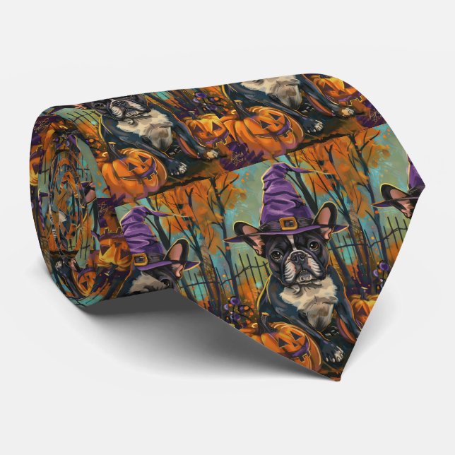 Spooky French Bulldog Halloween Witch And Pumpkin Neck Tie (Rolled)