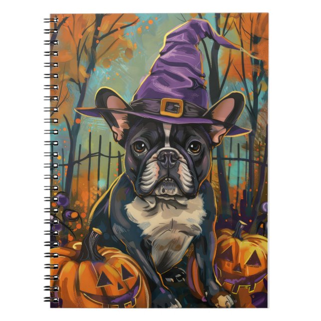 Spooky French Bulldog Halloween Witch And Pumpkin Notebook (Front)
