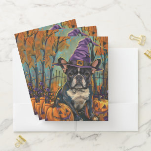 Spooky French Bulldog Halloween Witch And Pumpkin Pocket Folder