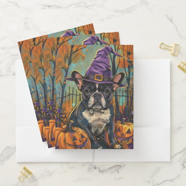 Spooky French Bulldog Halloween Witch And Pumpkin Pocket Folder (In Situ)