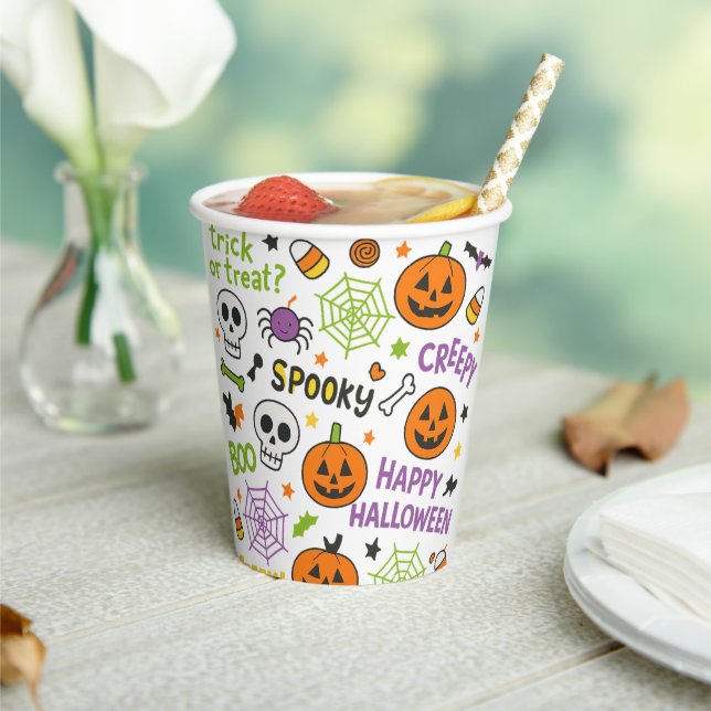 Spooky & Fun Pumpkin - Colorful Halloween Pattern  Paper Cups (Insitu)