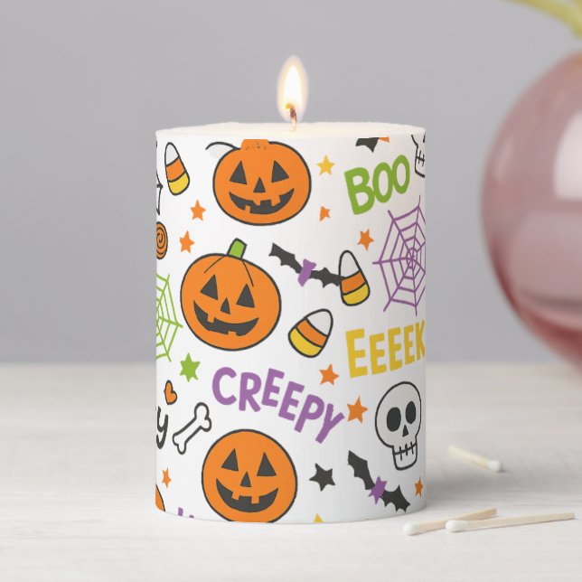 Spooky & Fun Pumpkin - Colorful Halloween Pattern  Pillar Candle (In Situ)