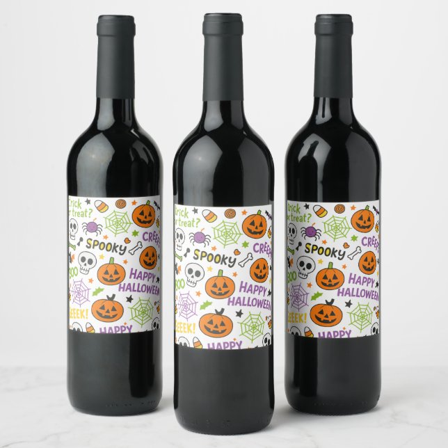 Spooky & Fun Pumpkin - Colorful Halloween Pattern  Wine Label (Bottles)