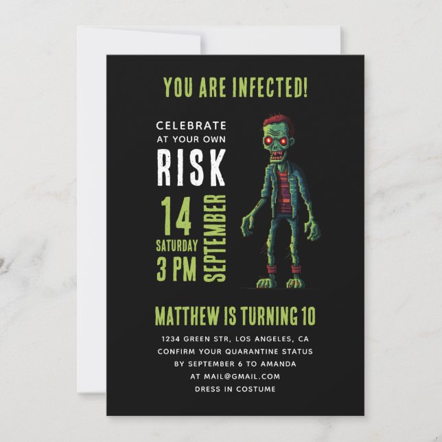 Spooky funny black zombie kids birthday party invitation (Front)