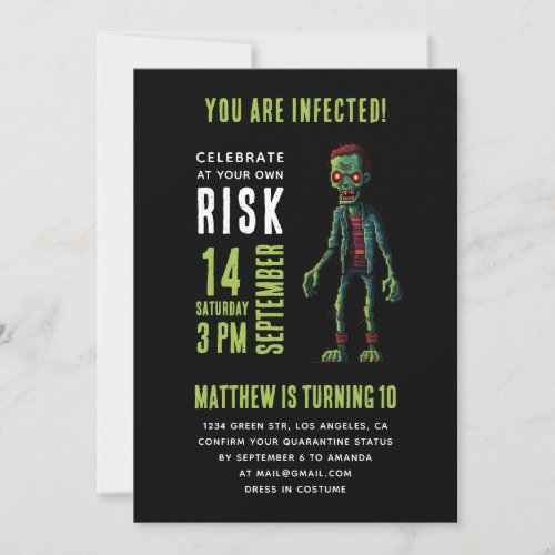 Spooky funny black zombie kids birthday party invitation