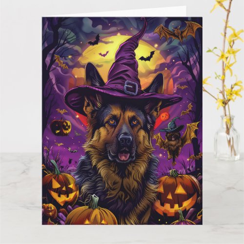 Spooky German Shepherd Halloween Witch Pumpkin  Card