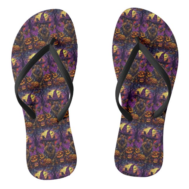 Spooky German Shepherd Halloween Witch Pumpkin  Flip Flops (Footbed)