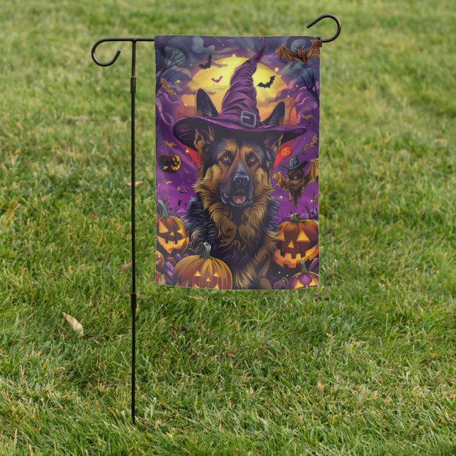 Spooky German Shepherd Halloween Witch Pumpkin  Garden Flag (In SItu)