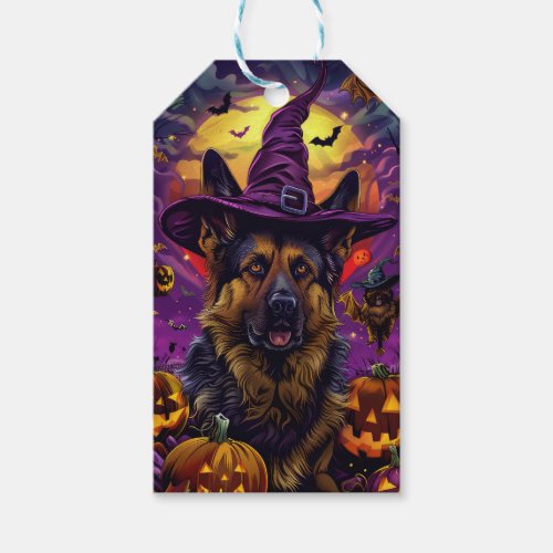 Spooky German Shepherd Halloween Witch Pumpkin  Gift Tags