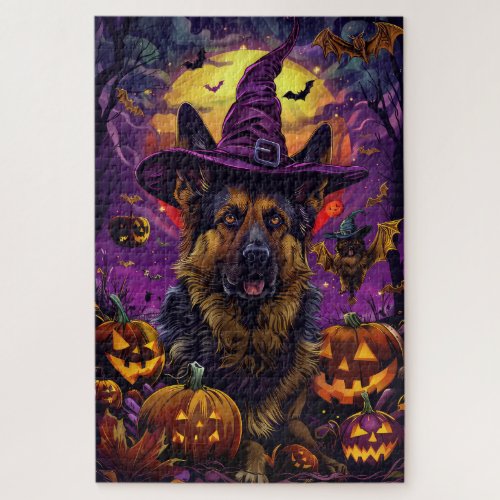 Spooky German Shepherd Halloween Witch Pumpkin  Jigsaw Puzzle