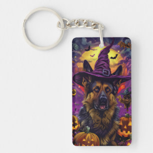 Spooky German Shepherd Halloween Witch Pumpkin Keychain