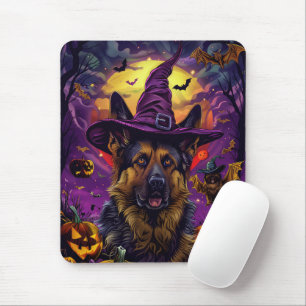 Spooky German Shepherd Halloween Witch Pumpkin Mouse Pad