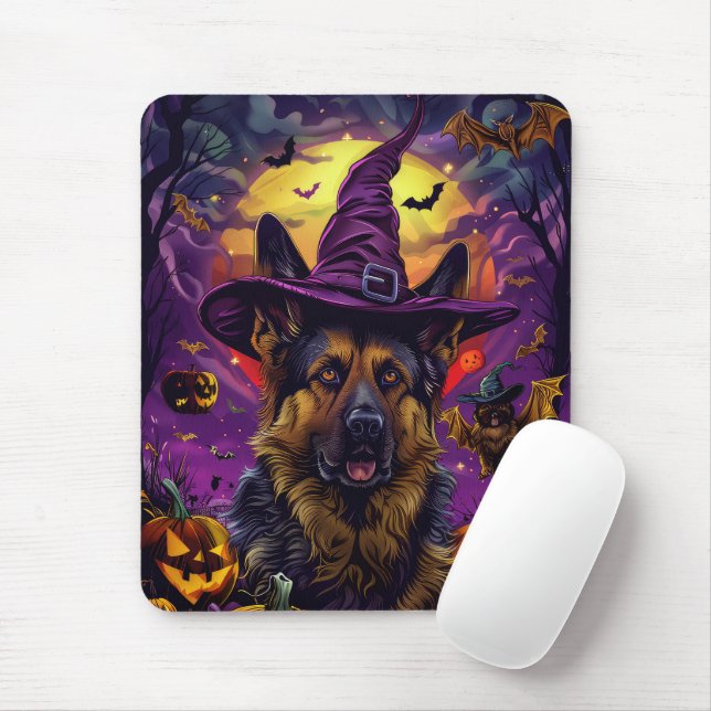 Spooky German Shepherd Halloween Witch Pumpkin  Mouse Pad (With Mouse)