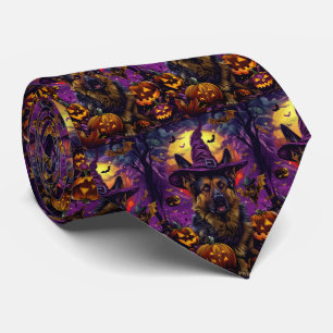 Spooky German Shepherd Halloween Witch Pumpkin Neck Tie