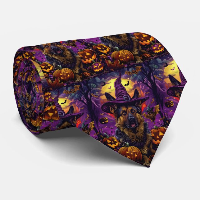 Spooky German Shepherd Halloween Witch Pumpkin  Neck Tie (Rolled)