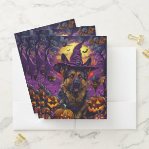 Spooky German Shepherd Halloween Witch Pumpkin Pocket Folder