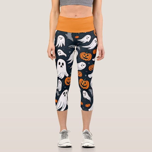 Spooky Ghost and Pumpkin Halloween Capri Leggings (Front)