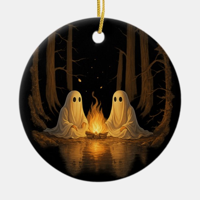 Spooky Ghost Campfire Night Forest Art - Halloween Ceramic Ornament (Front)