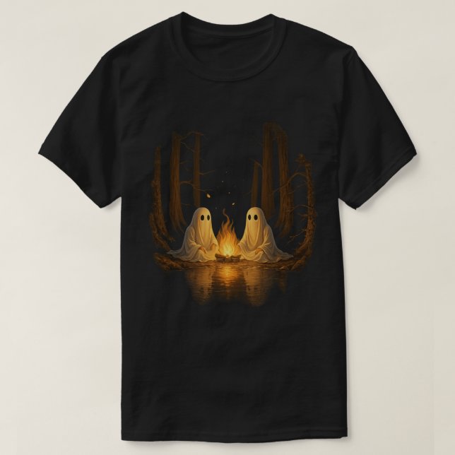 Spooky Ghost Campfire Night Forest Art - Halloween T-Shirt (Design Front)