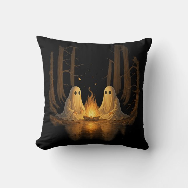 Spooky Ghost Campfire Night Forest Art - Halloween Throw Pillow (Front)